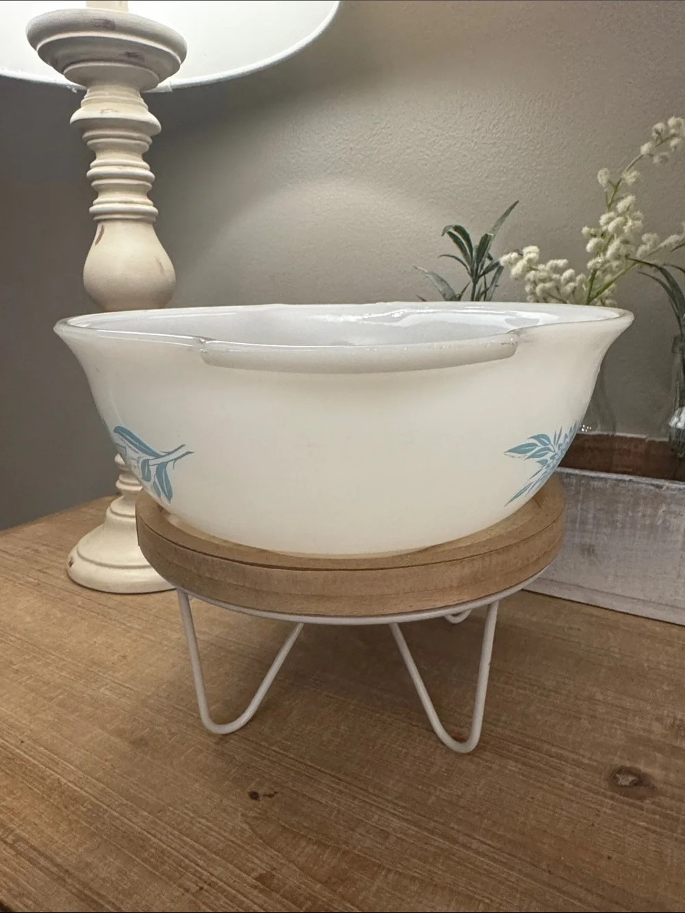 Vintage Glasbake milk glass “Blue Thistle”Cinderella-style mixing bowl